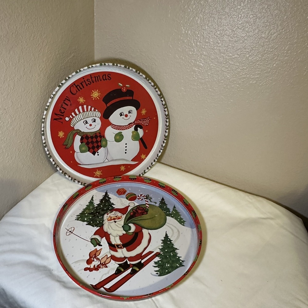 Christmas Vintage Treats For Santa Claus Round Tin Trays Set of 2‎
